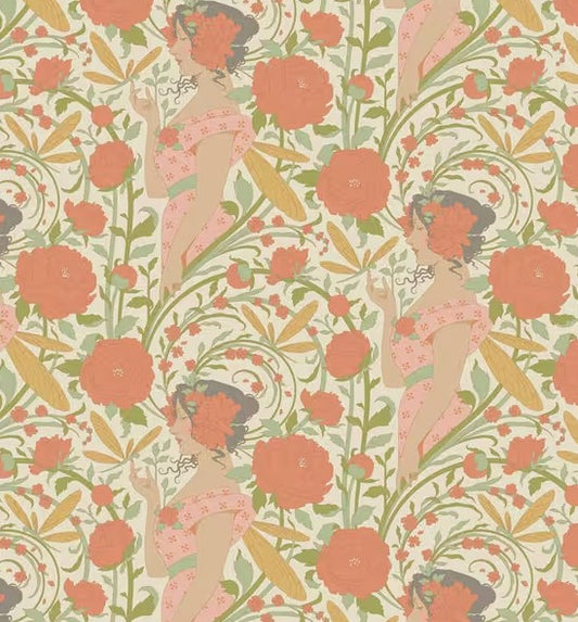 Vintage-style wallpaper with floral patterns and female figures.