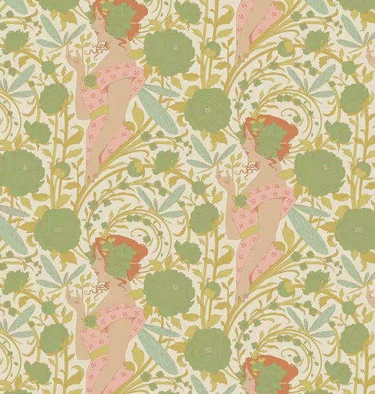 Vintage-style wallpaper with floral patterns and female figures in a decorative style.