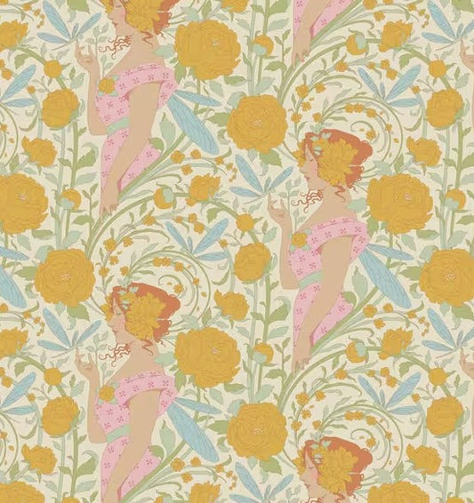 Vintage-style wallpaper with floral patterns and female figures in a decorative style.