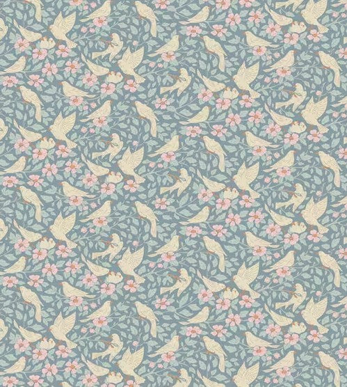 Pattern of birds and flowers on a blue background