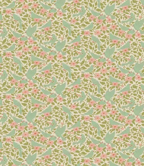 Patterned fabric with birds and flowers on a green background