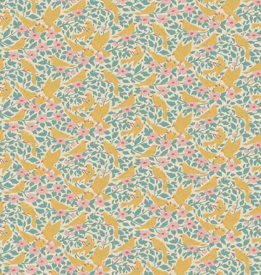 Patterned fabric with yellow birds and pink flowers on a teal background