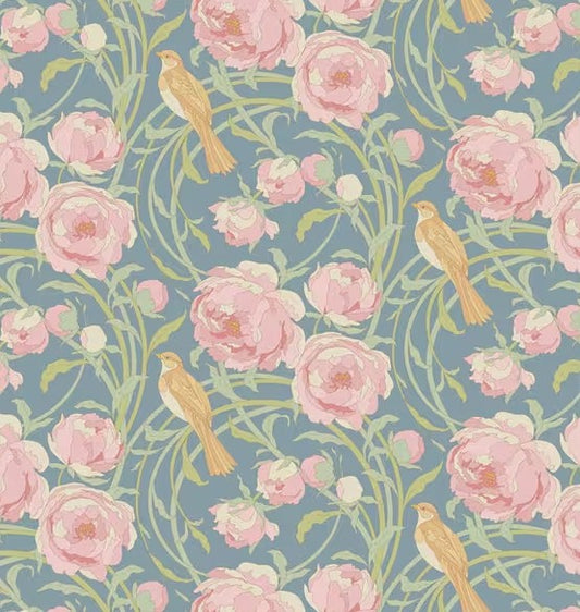 Pattern of pink flowers and yellow birds on a blue background