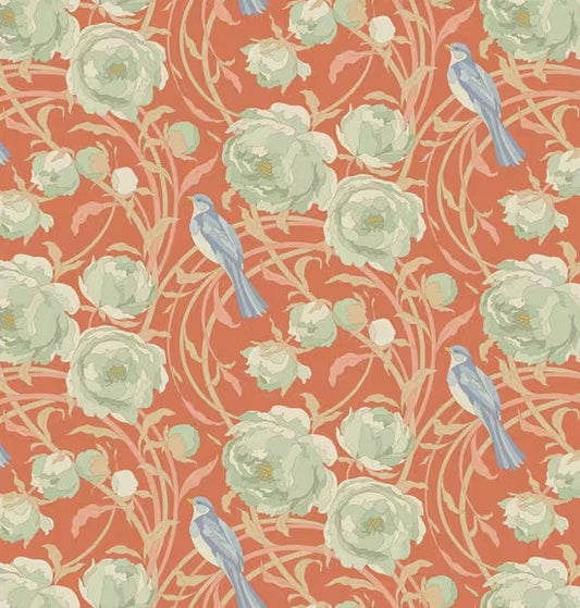 Patterned fabric with light green flowers and blue birds on a red background