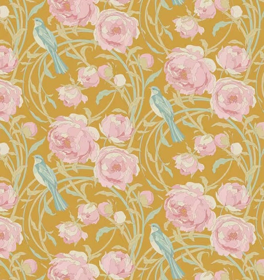 Floral and bird pattern on a yellow background