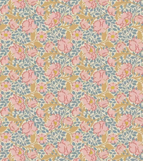 Floral pattern with pink flowers on a blue and beige background