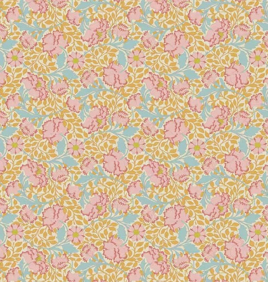Floral pattern with pink flowers on a blue and green background