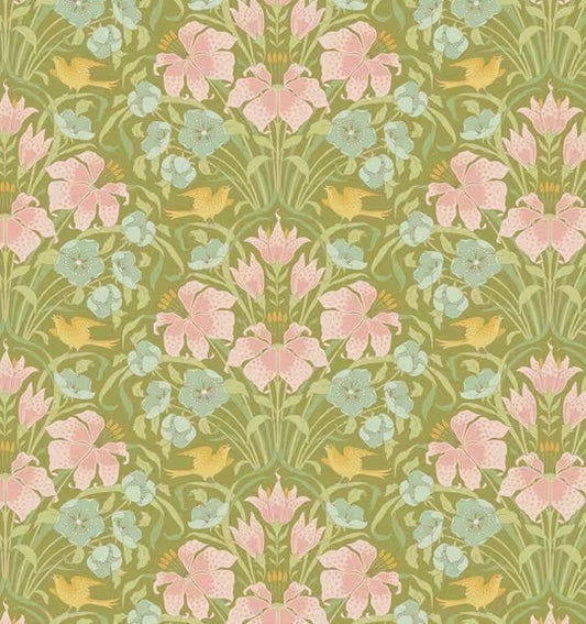 Patterned fabric with pink flowers and yellow birds on a green background