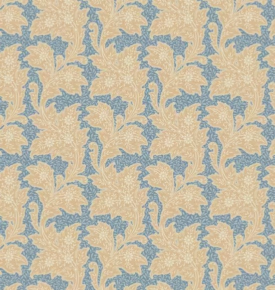 Patterned fabric with beige and blue leaves on a textured background