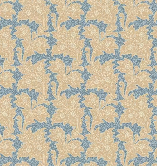 Patterned fabric with beige and blue leaves on a textured background