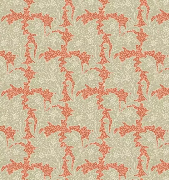 Patterned wallpaper with red floral design on a beige background