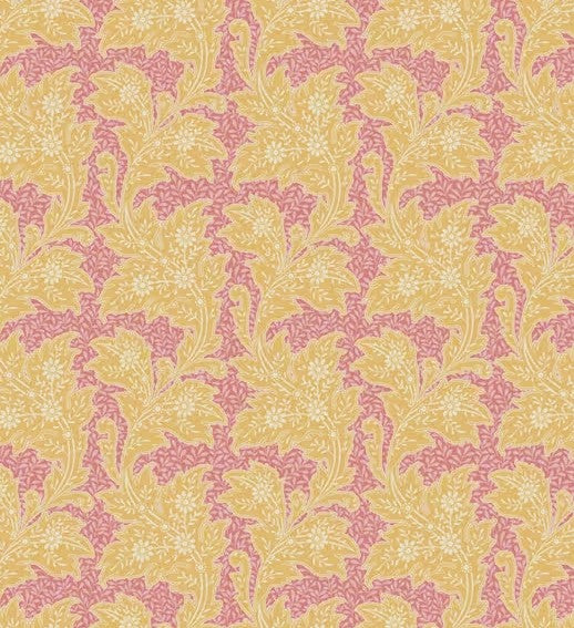 Patterned fabric with pink floral design on a yellow background