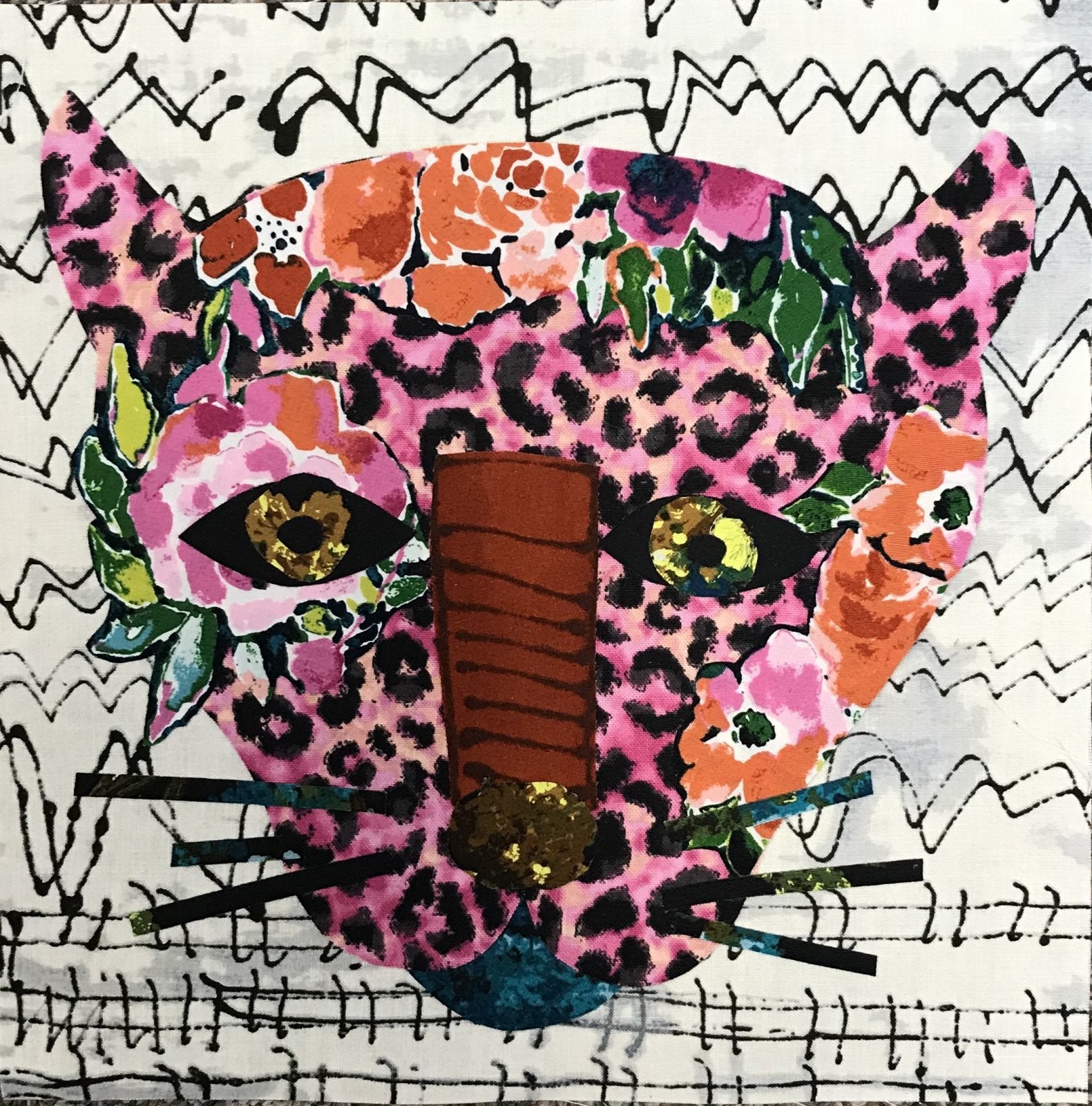 Artistic depiction of a cat with a pink leopard print pattern on a textured background