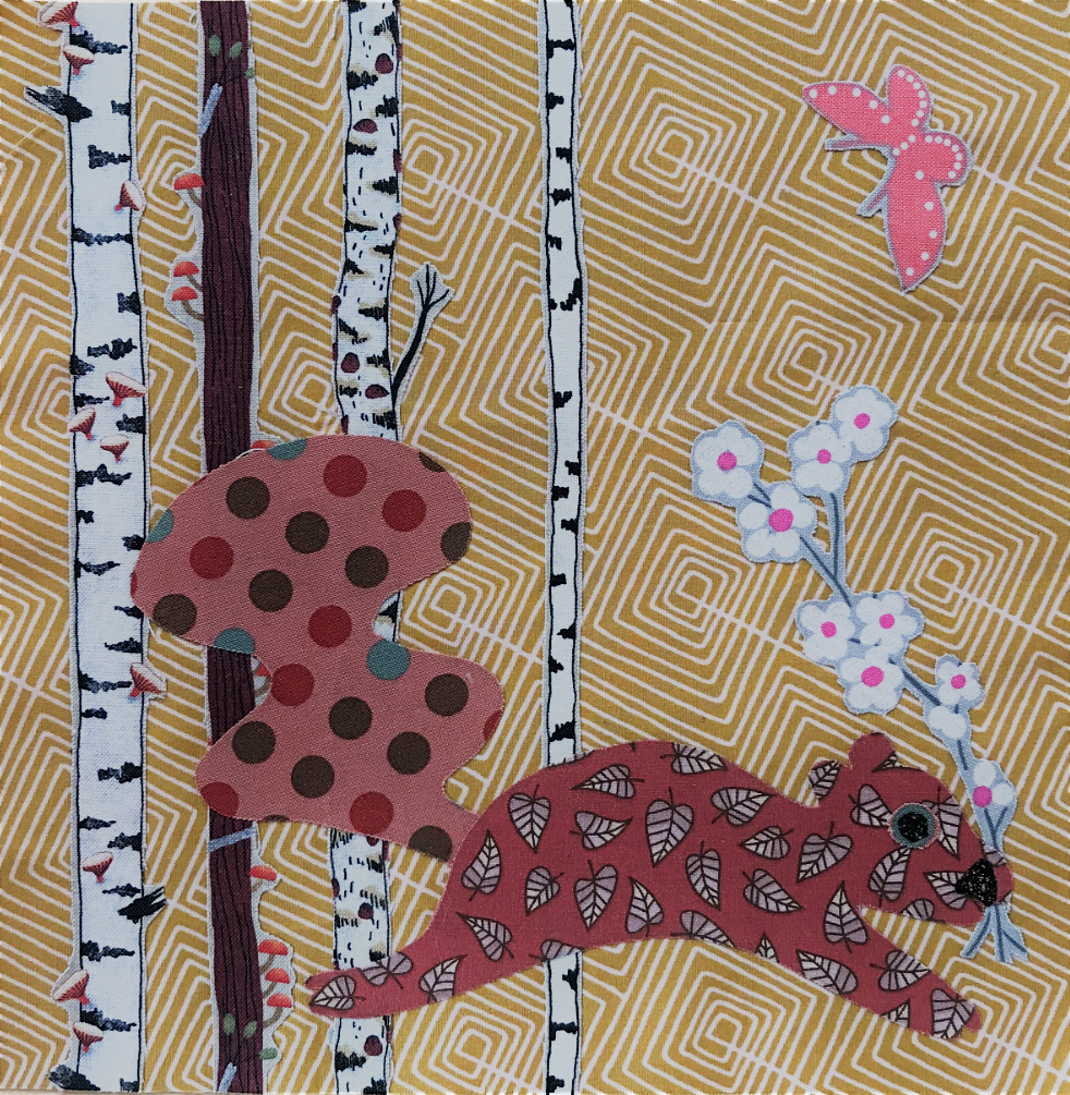 Artistic depiction of a red creature with brown spots, birch trees, and flowers on a patterned background.