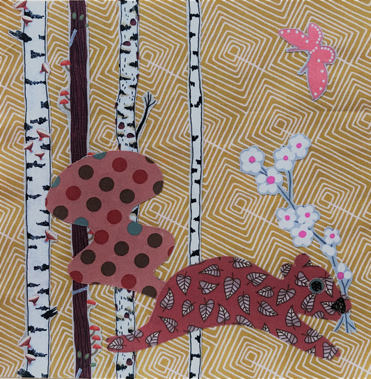 Artistic depiction of a red creature with brown spots, birch trees, and flowers on a patterned background.