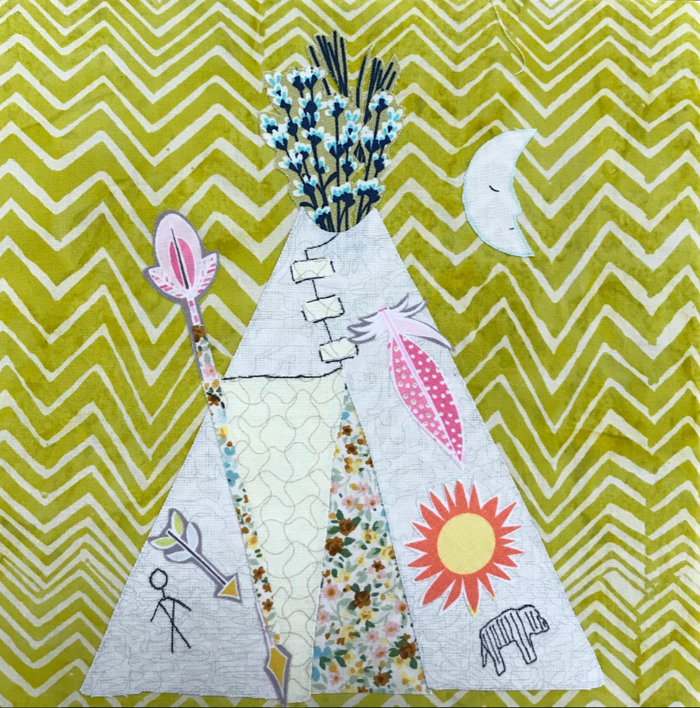 Textile art piece with a vase holding flowers, a moon, and abstract designs on a zigzag patterned background.