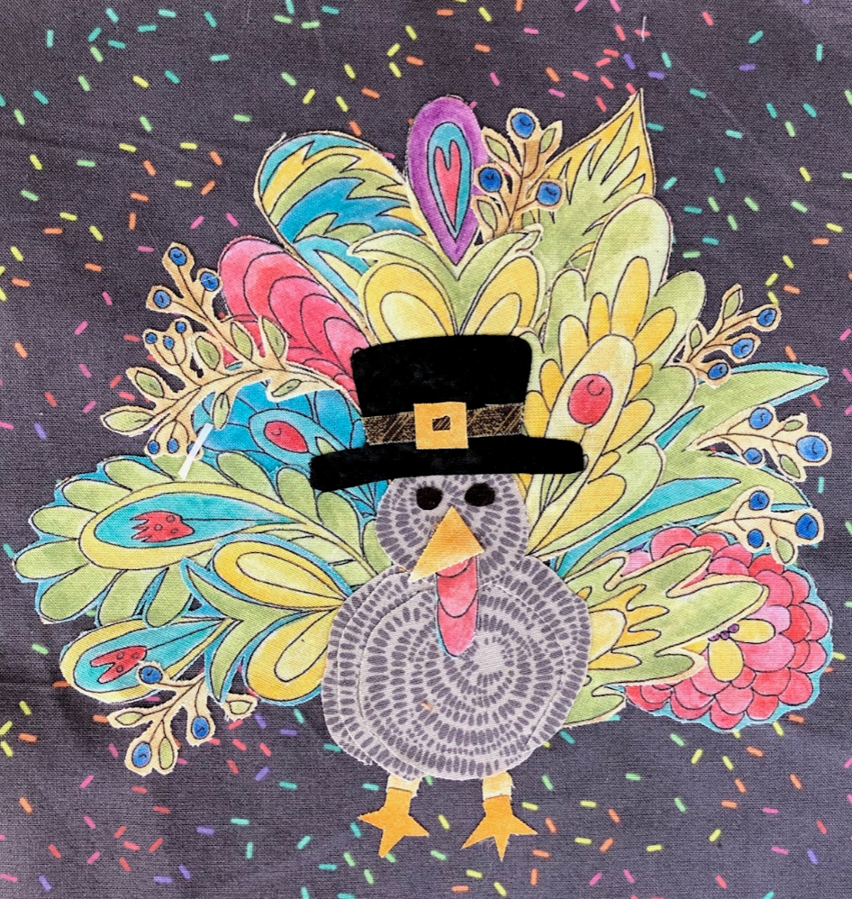 Colorful turkey illustration with a top hat on a dark background with multicolored dots