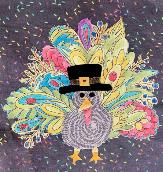 Colorful turkey illustration with a top hat on a dark background with multicolored dots