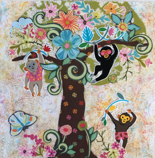 Colorful artwork of a tree with animals and flowers on a textured background
