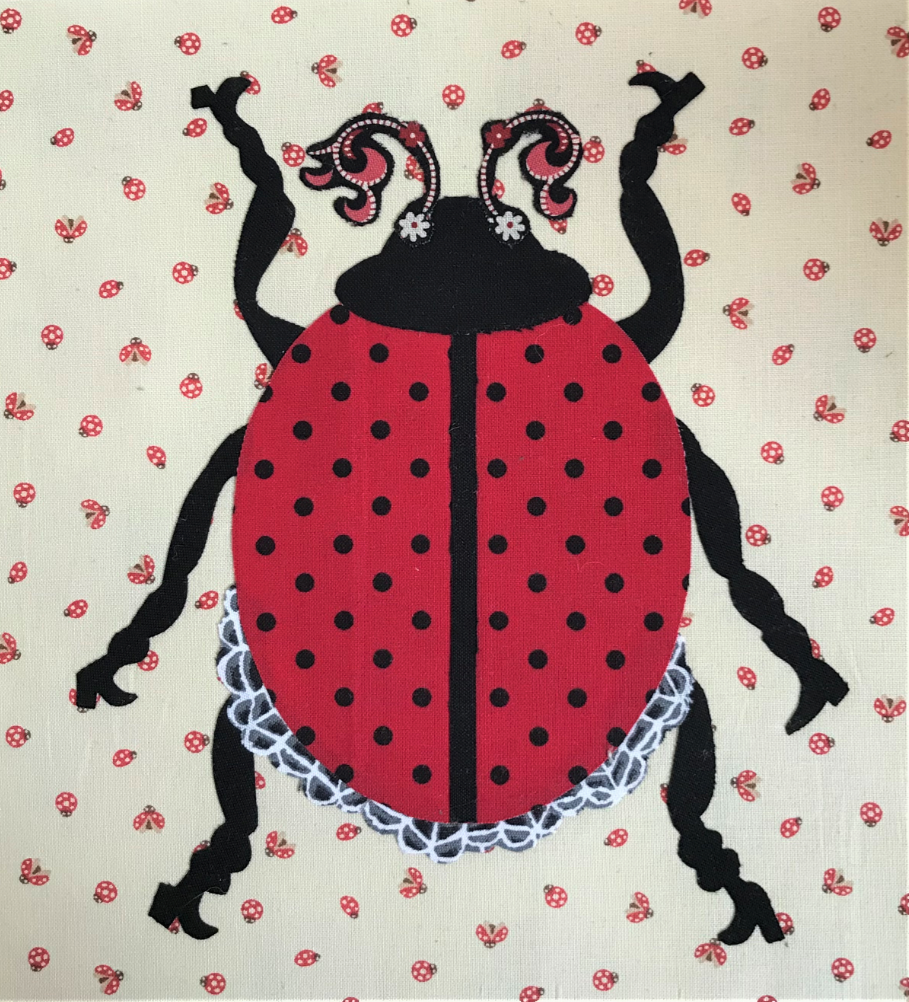 Illustration of a ladybug with a polka dot pattern on a background with similar designs.