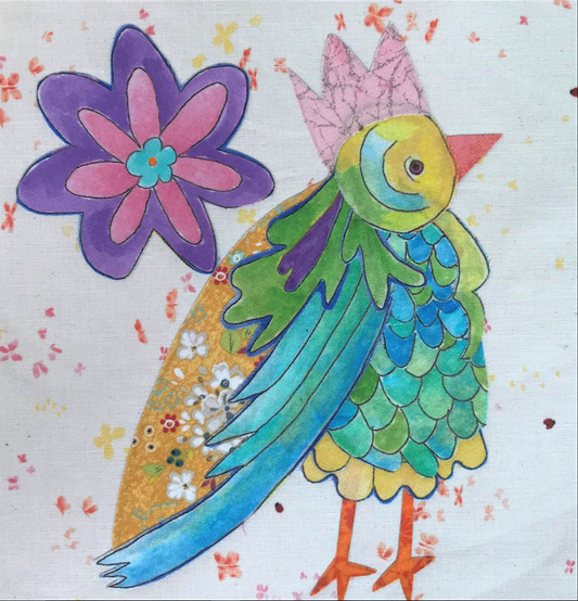Colorful illustration of a parrot with a crown and a flower on a light background