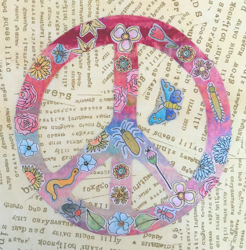 Colorful peace symbol with floral and butterfly designs on a textured background