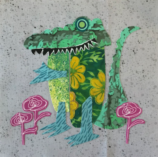 Colorful dinosaur with floral patterns and flowers on a textured background