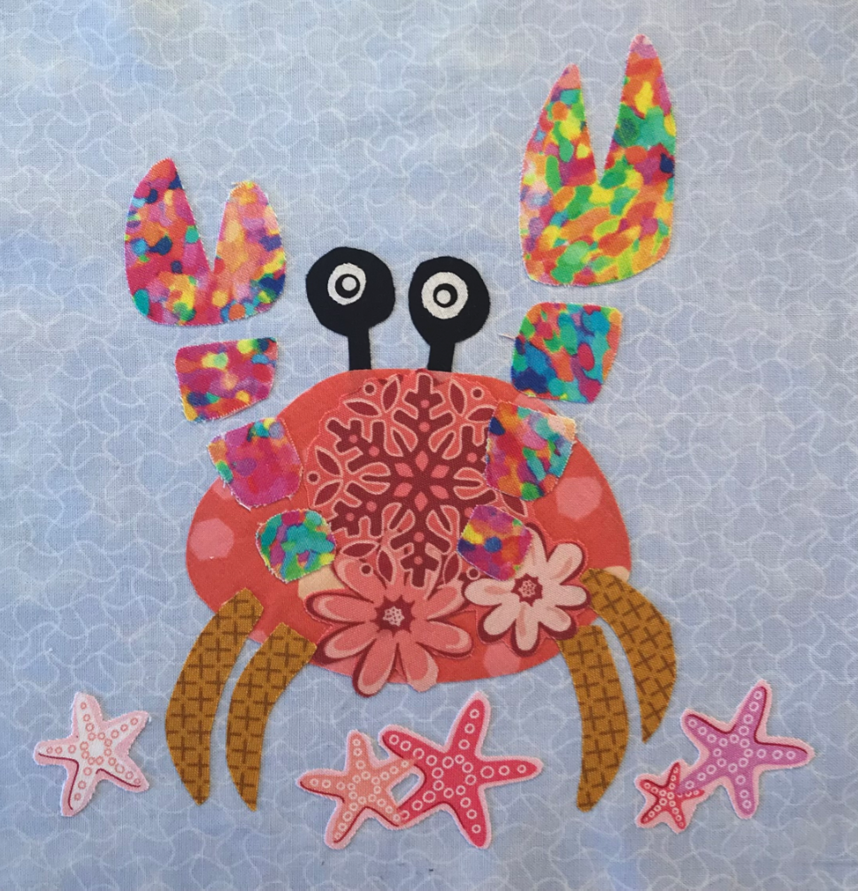 Colorful crab illustration with starfish on a textured blue background