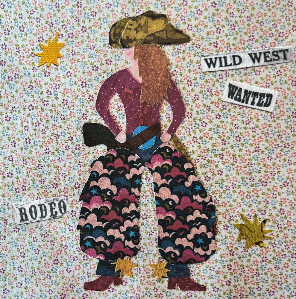 Collage of a cowboy figure with floral background and text elements.