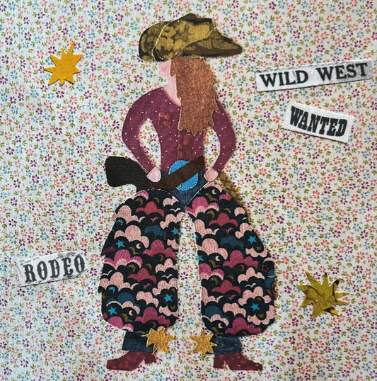 Collage of a cowboy figure with floral background and text elements.