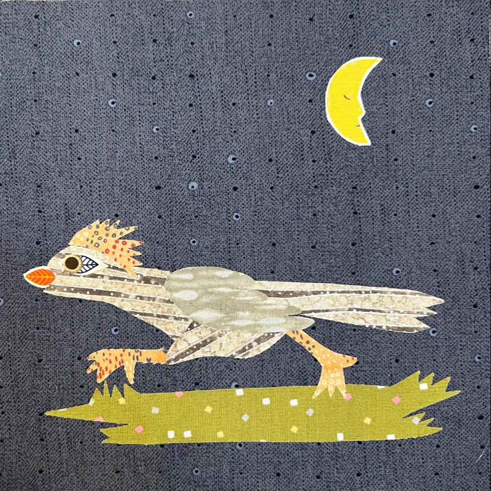 Illustration of a bird-like creature with a moon and starry sky in the background