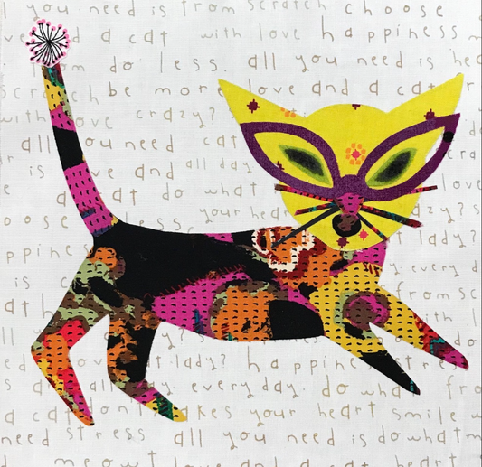 Colorful cat illustration with a mask on a background of text