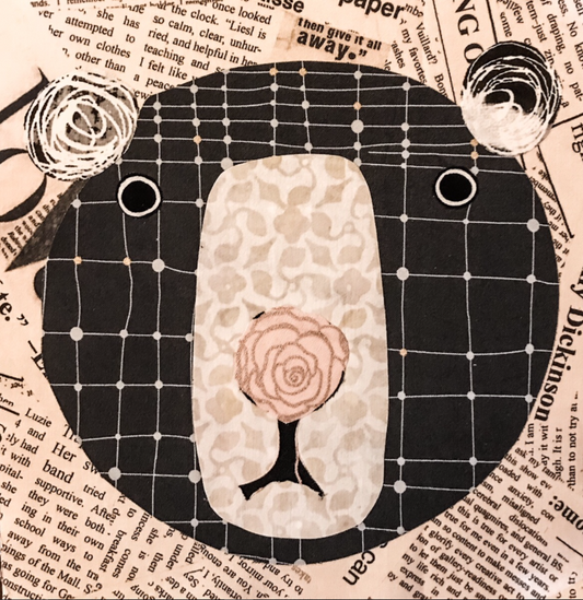 Artistic depiction of a face with floral elements on a newspaper background