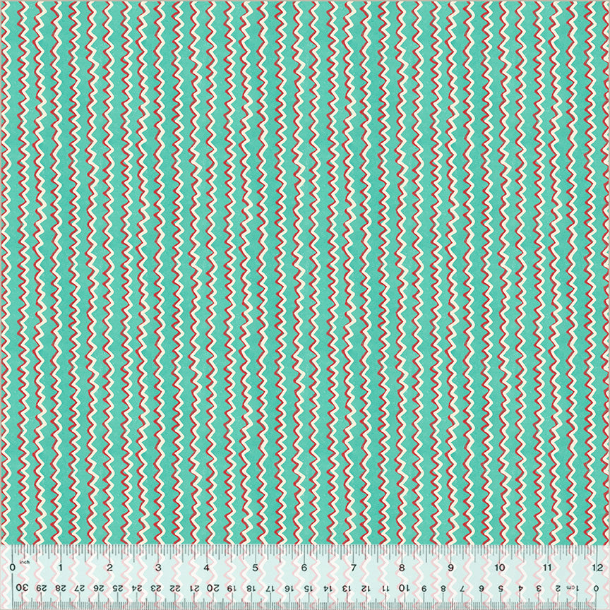 A Very Terri Christmas Chevron Stripe Turquoise quilting fabric with zigzag stripes in turquoise, red, and white.