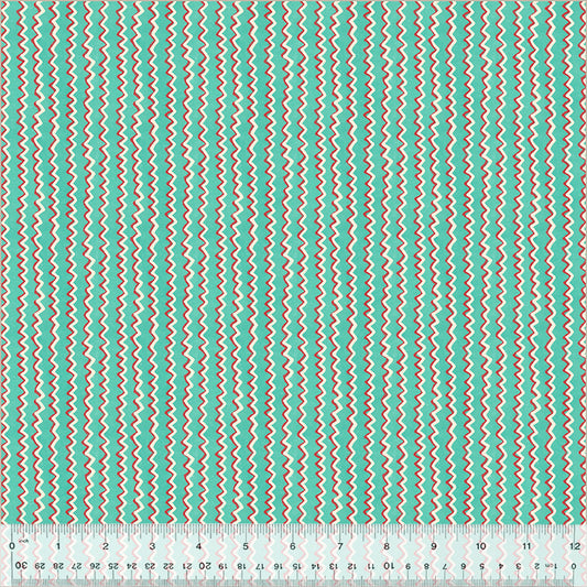 A Very Terri Christmas Chevron Stripe Turquoise quilting fabric with zigzag stripes in turquoise, red, and white.