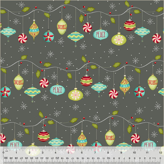 Christmas-themed fabric with colorful ornaments 
