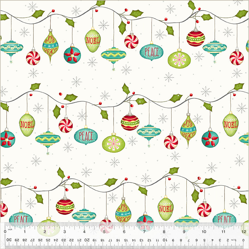 A Very Terri Christmas Deck the Halls cotton fabric with festive ornaments, holly, candy canes, and holiday phrases on a grey background for quilting, stockings, and Christmas home décor projects