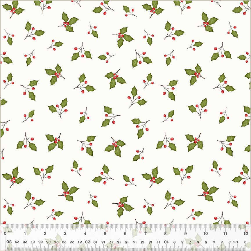 A Very Terri Christmas Holly Leaves cotton fabric featuring classic holly leaves and berries motifs for quilting, stockings, pillows, table runners, and holiday décor projects