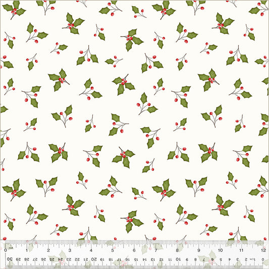 A Very Terri Christmas Holly Leaves cotton fabric featuring classic holly leaves and berries motifs for quilting, stockings, pillows, table runners, and holiday décor projects