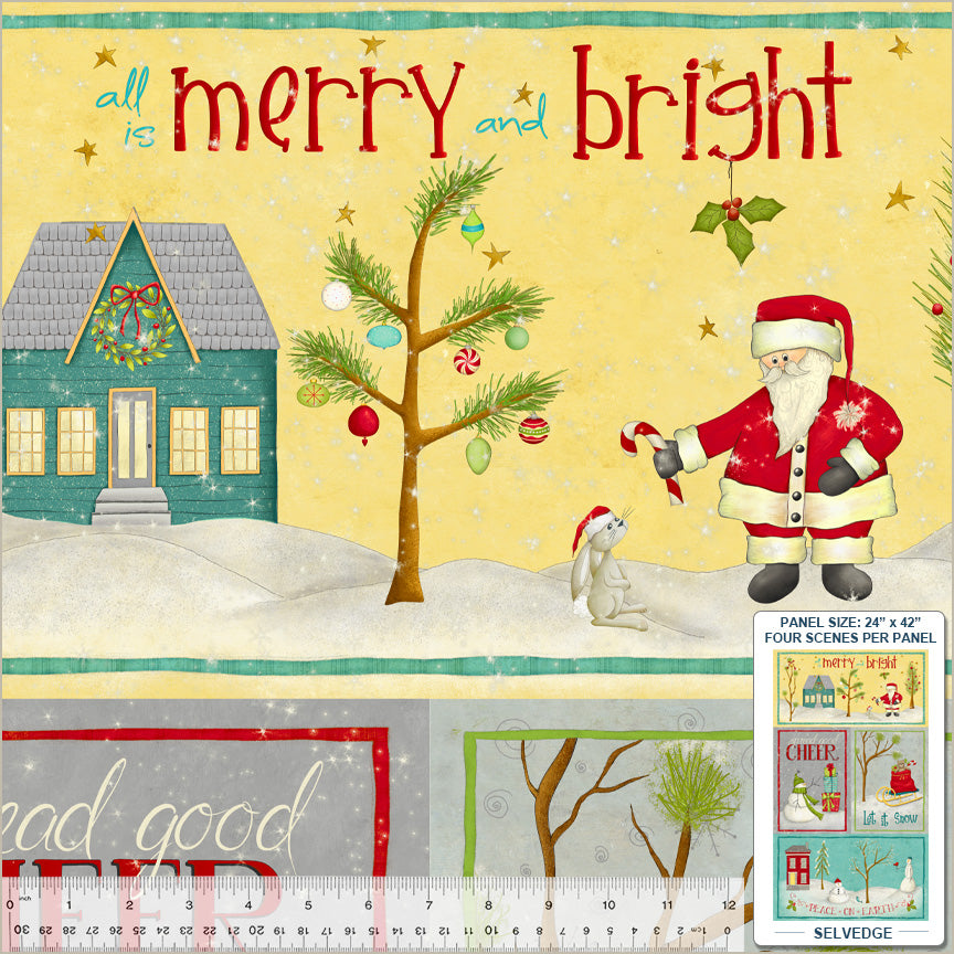Christmas-themed fabric panel with Santa Claus, tree, and house, featuring text 'all is merry and bright'.
