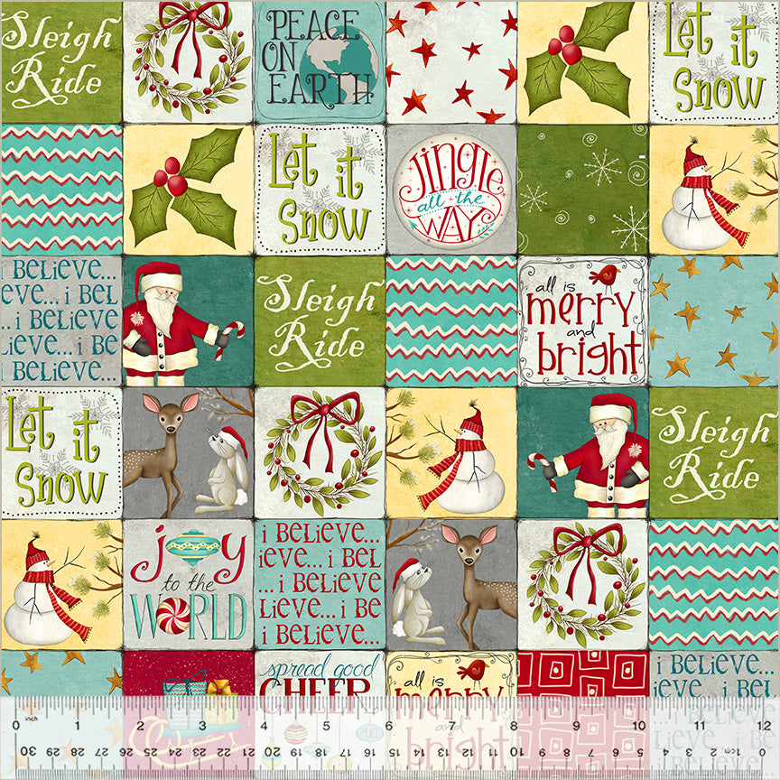 Christmas-themed fabric with patterns, text, and characters on a grid layout.