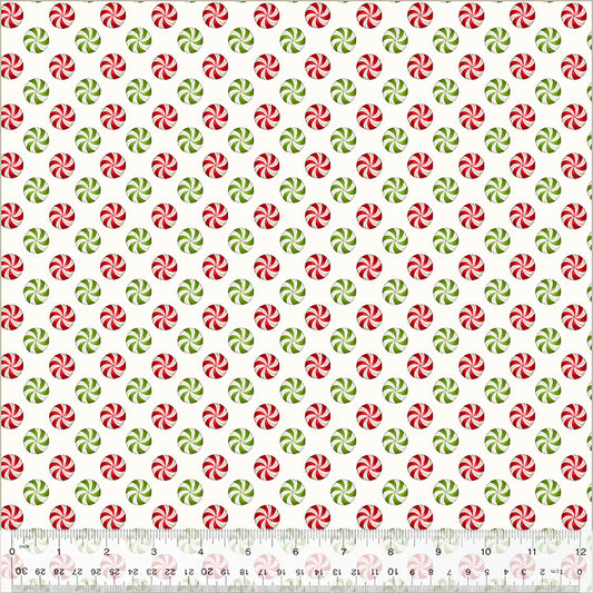 Pattern of red and green peppermint swirls on a white background 