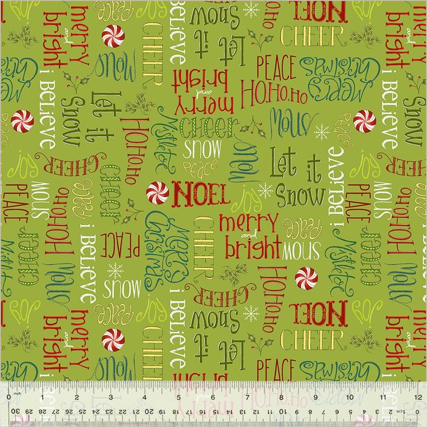 A Very Terri Christmas Season's Greetings Green cotton fabric with festive holiday phrases, candy canes, and seasonal motifs on a rich green background for quilting, stockings, pillows, and holiday décor projects