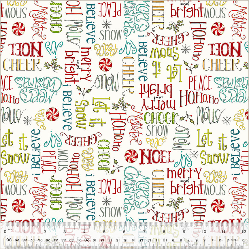 A Very Terri Christmas Season's Greetings cotton fabric featuring holiday phrases, candy canes, and small seasonal motifs on green or grey backgrounds for quilting, stockings, pillows, table runners, and festive décor projects