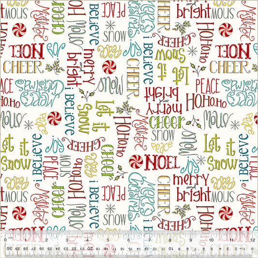 A Very Terri Christmas Season's Greetings cotton fabric featuring holiday phrases, candy canes, and small seasonal motifs on green or grey backgrounds for quilting, stockings, pillows, table runners, and festive décor projects