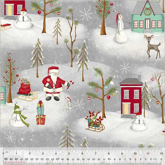 Christmas-themed fabric with Santa Claus, reindeer, snowmen, and trees on a gray background.