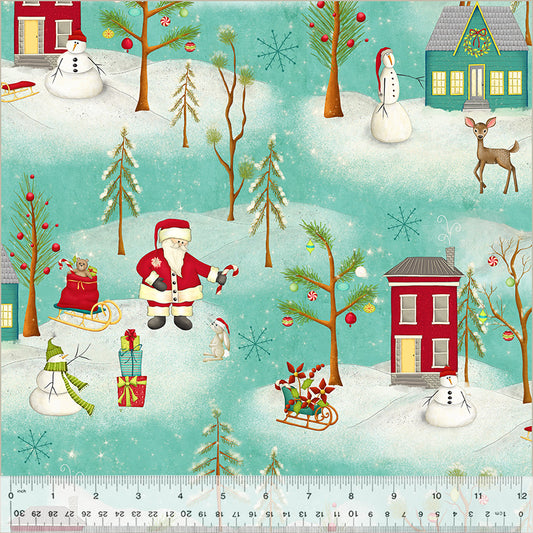 Christmas-themed fabric with Santa Claus, snowmen, and trees on a teal background.