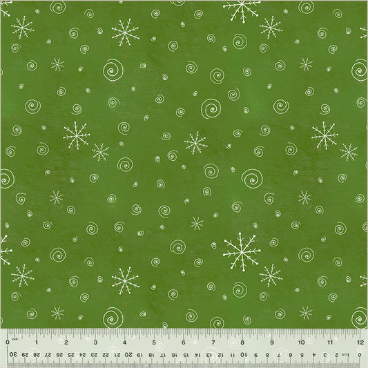 A Very Terri Christmas Snow Flurries Green cotton fabric with delicate snowflake patterns and small holiday motifs on a vibrant green background for quilting, stockings, pillows, table runners, and Christmas décor projects"