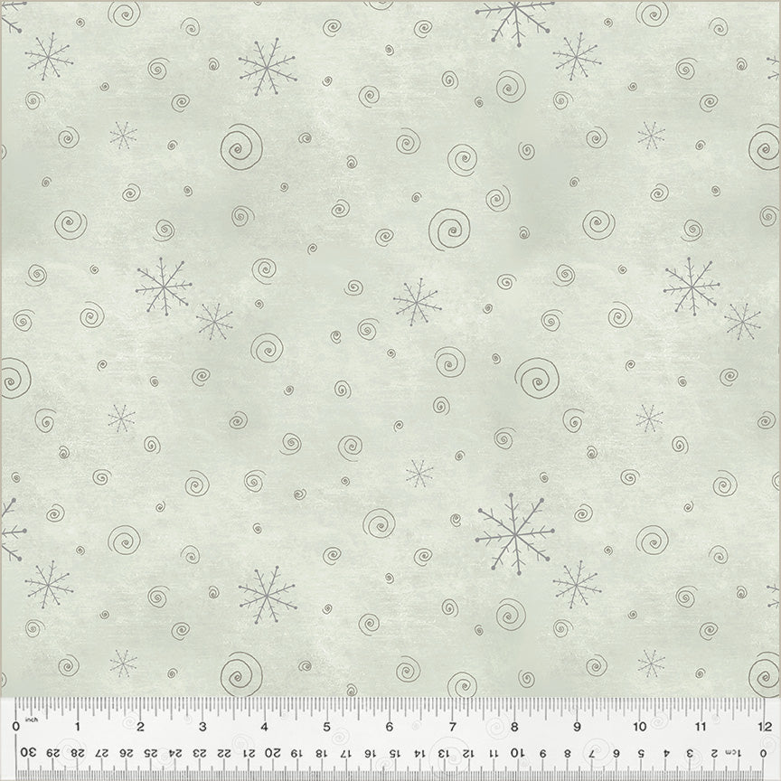 A Very Terri Christmas Snow Flurries Misty cotton fabric with delicate snowflake patterns and small holiday motifs on a soft misty grey background, ideal for quilting, stockings, pillows, and Christmas décor projects