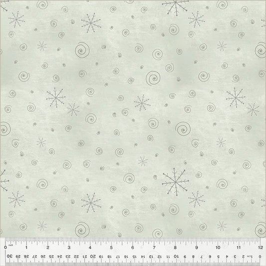 A Very Terri Christmas Snow Flurries Misty cotton fabric with delicate snowflake patterns and small holiday motifs on a soft misty grey background, ideal for quilting, stockings, pillows, and Christmas décor projects